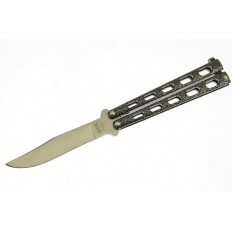 BEAR & SON U.S.A. BUTTERFLY KNIFE WITH SILVER VEIN CAST METAL HANDLES 5.25"